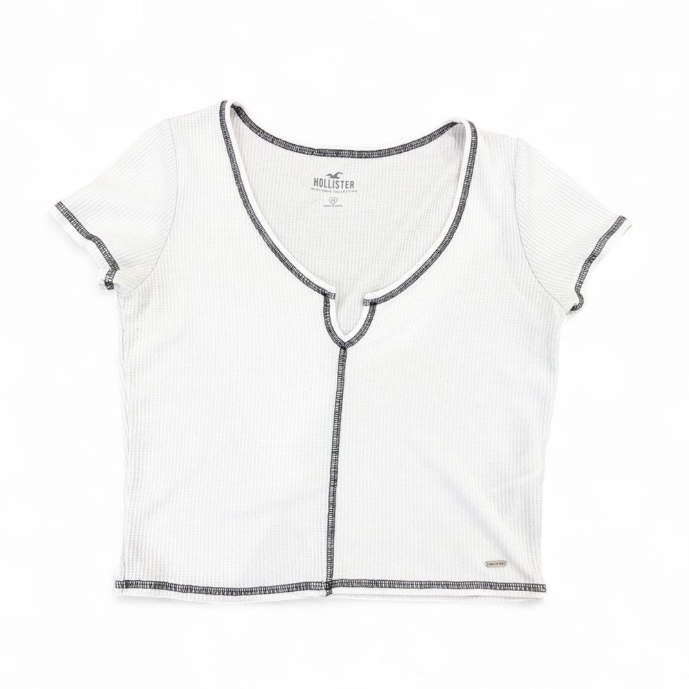 White Hollister thermal top with black contrast stitching